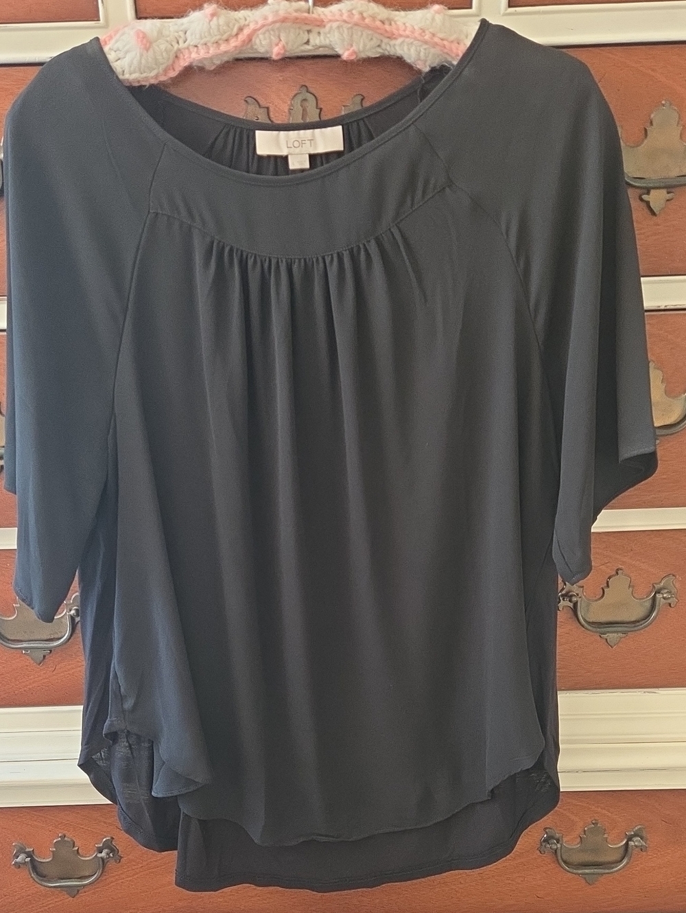 LOFT Navy Gathered Scoop-Neck Blouse